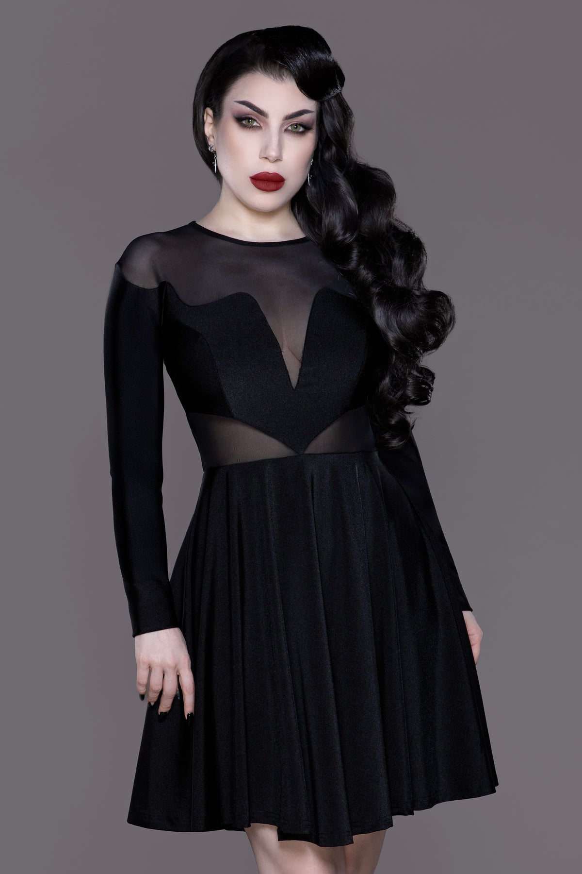 Jersey Devil Skater Dress - Mesh & Satin Lycra Skater Dress with Batwi WEASEL WEAR Jersey Devil Skater Dress - Mesh & Satin Lycra Skater Dress with Batwi WEASEL WEAR