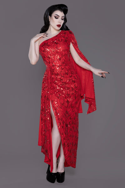 Phoenix Cascading One-Shoulder Dress - Red Chiffon Sequined Gown with Cascading Sleeve (Rebirth Edition) L Phoenix Cascading One-Shoulder Dress - Red Chiffon Sequined Gown with Cascading Sleeve (Rebirth Edition) L