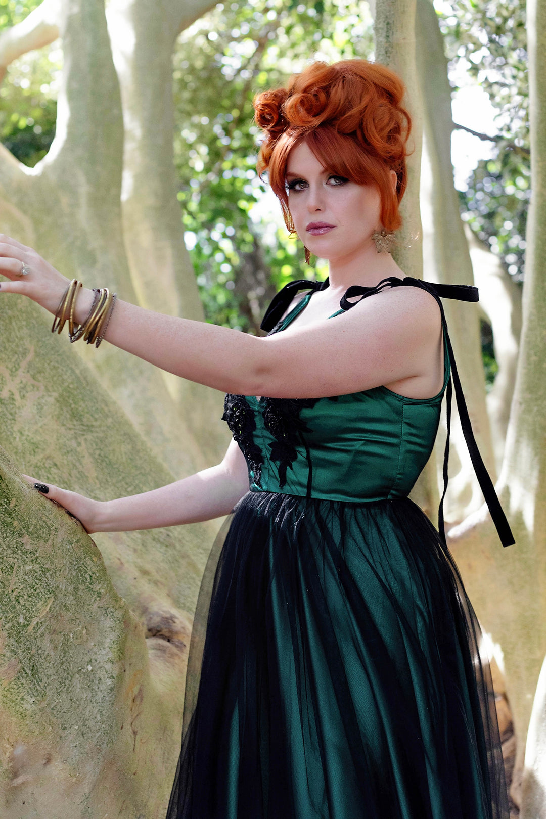 Forest Green Embellished Ribbon Gown - Black Organza A-Line Gown with   WEASEL WEAR