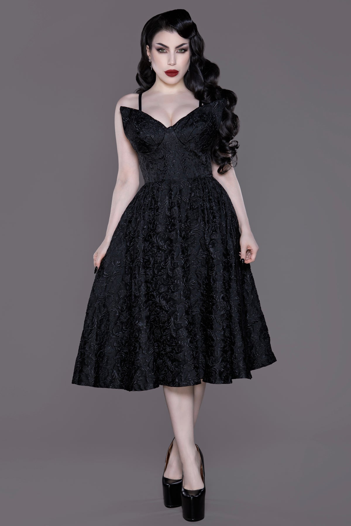 Dragon Damask Swing Dress - Black Brocade Swing Dress with Sculpted Bu WEASEL WEAR Dragon Damask Swing Dress - Black Brocade Swing Dress with Sculpted Bu WEASEL WEAR