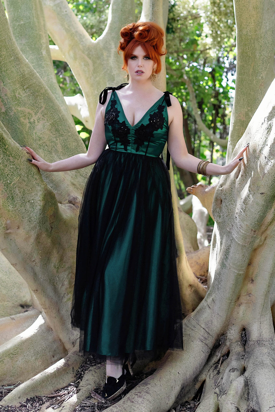 Forest Green Embellished Ribbon Gown - Black Organza A-Line Gown with Emerald Satin Lining & Velvet Ribbon Straps (Enchanted Woods Edition) M Forest Green Embellished Ribbon Gown - Black Organza A-Line Gown with Emerald Satin Lining & Velvet Ribbon Straps (Enchanted Woods Edition) M