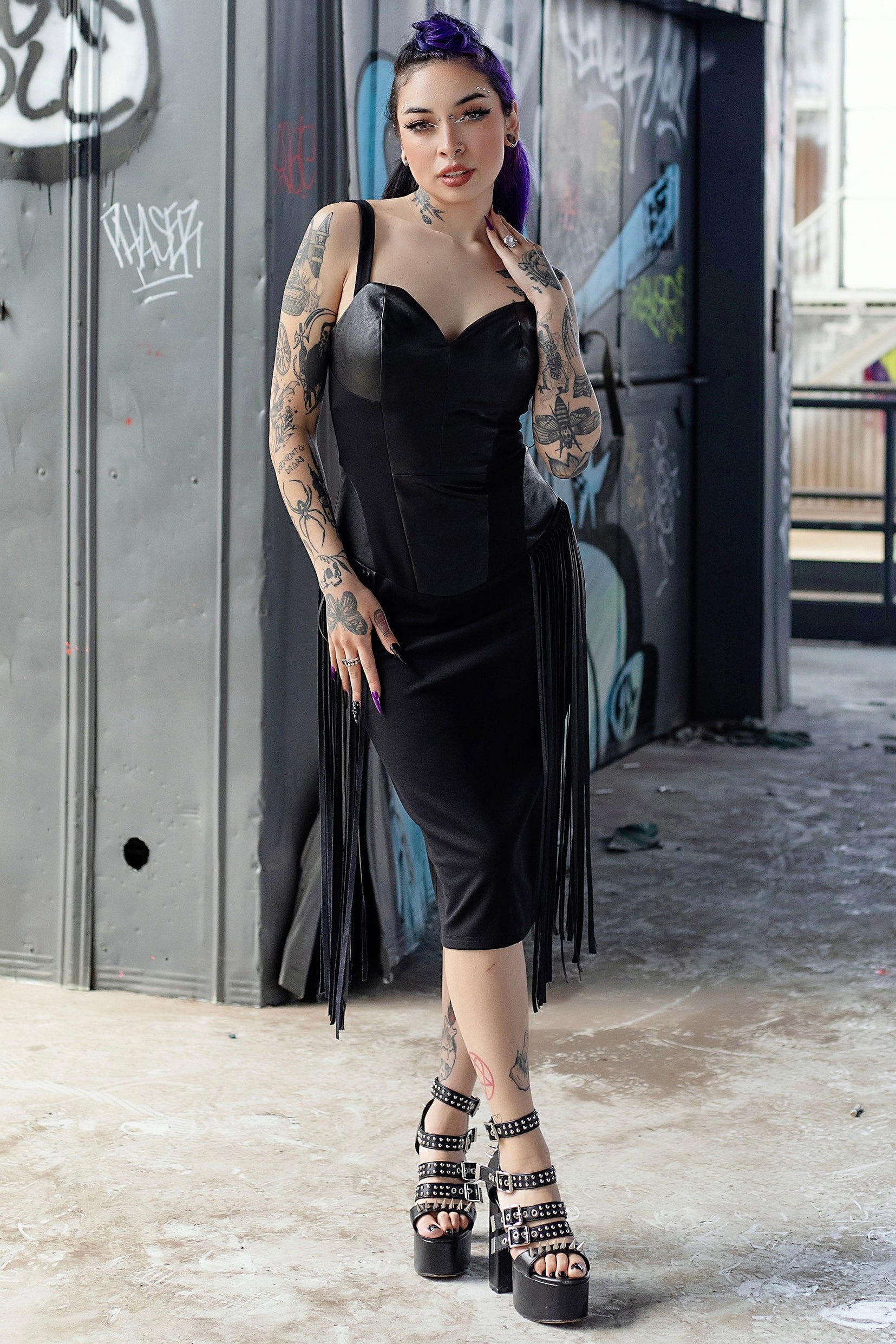 【FRECKLE】Lace Faux Leather Dress Miranda Mae Faux-Leather Fringe Dress – WEASEL WEAR