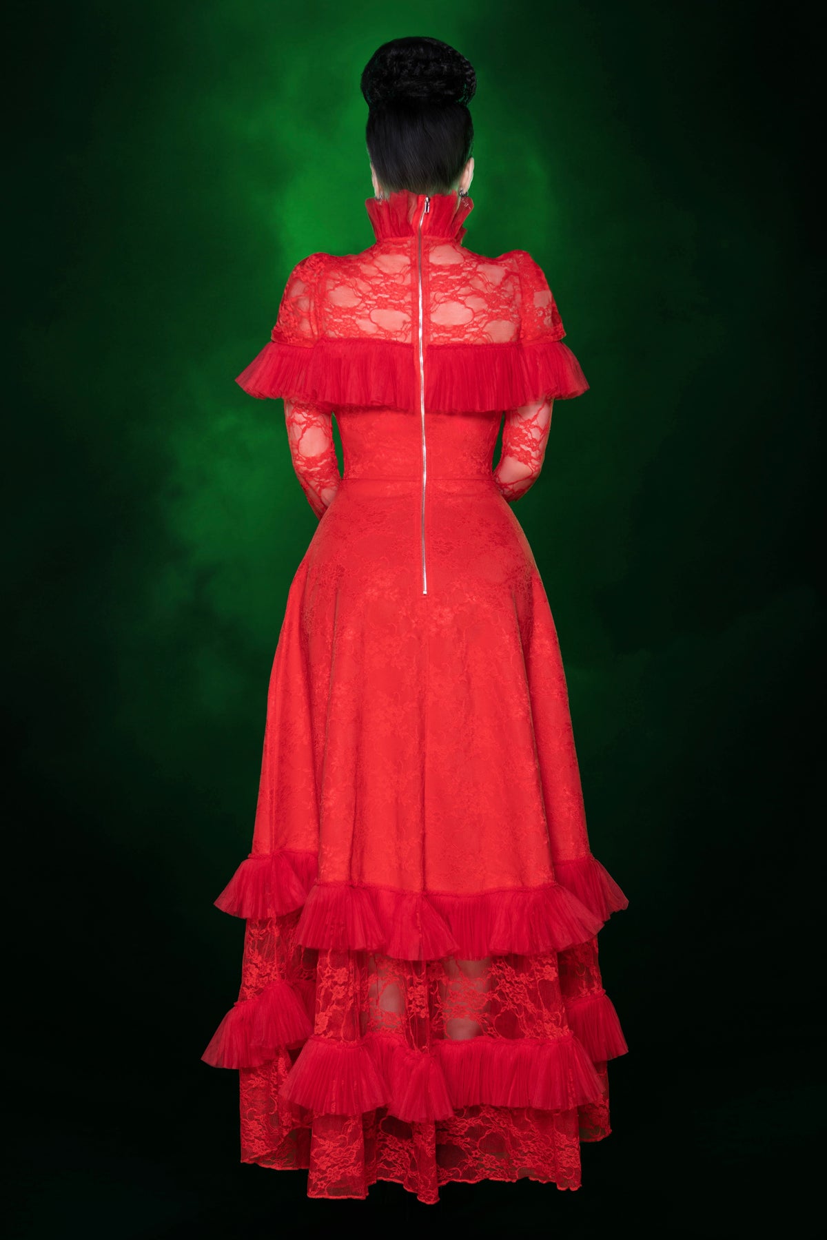 One Big Dark Room Lace Gown - Scarlet Red Stretch Lace Gown with Mesh Accents (Strange & Unusual Edition) XS One Big Dark Room Lace Gown - Scarlet Red Stretch Lace Gown with Mesh Accents (Strange & Unusual Edition) XS