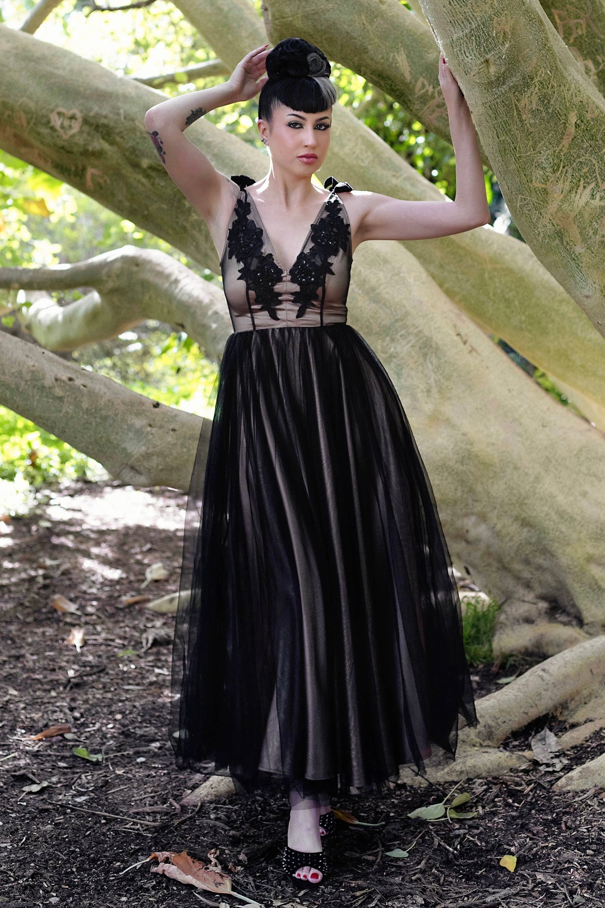 Forest Beige Embellished Ribbon Gown - Black Organza A-Line Gown with Beige Satin Lining & Velvet Ribbon Straps (Ghostly Woods Edition) XXXL Forest Beige Embellished Ribbon Gown - Black Organza A-Line Gown with Beige Satin Lining & Velvet Ribbon Straps (Ghostly Woods Edition) XXXL