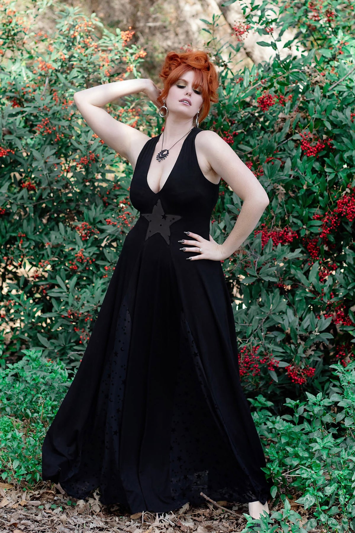 Starry Night Mesh Cutout Maxi - Black Stretch Jersey Gown with Celesti WEASEL WEAR Starry Night Mesh Cutout Maxi - Black Stretch Jersey Gown with Celesti WEASEL WEAR