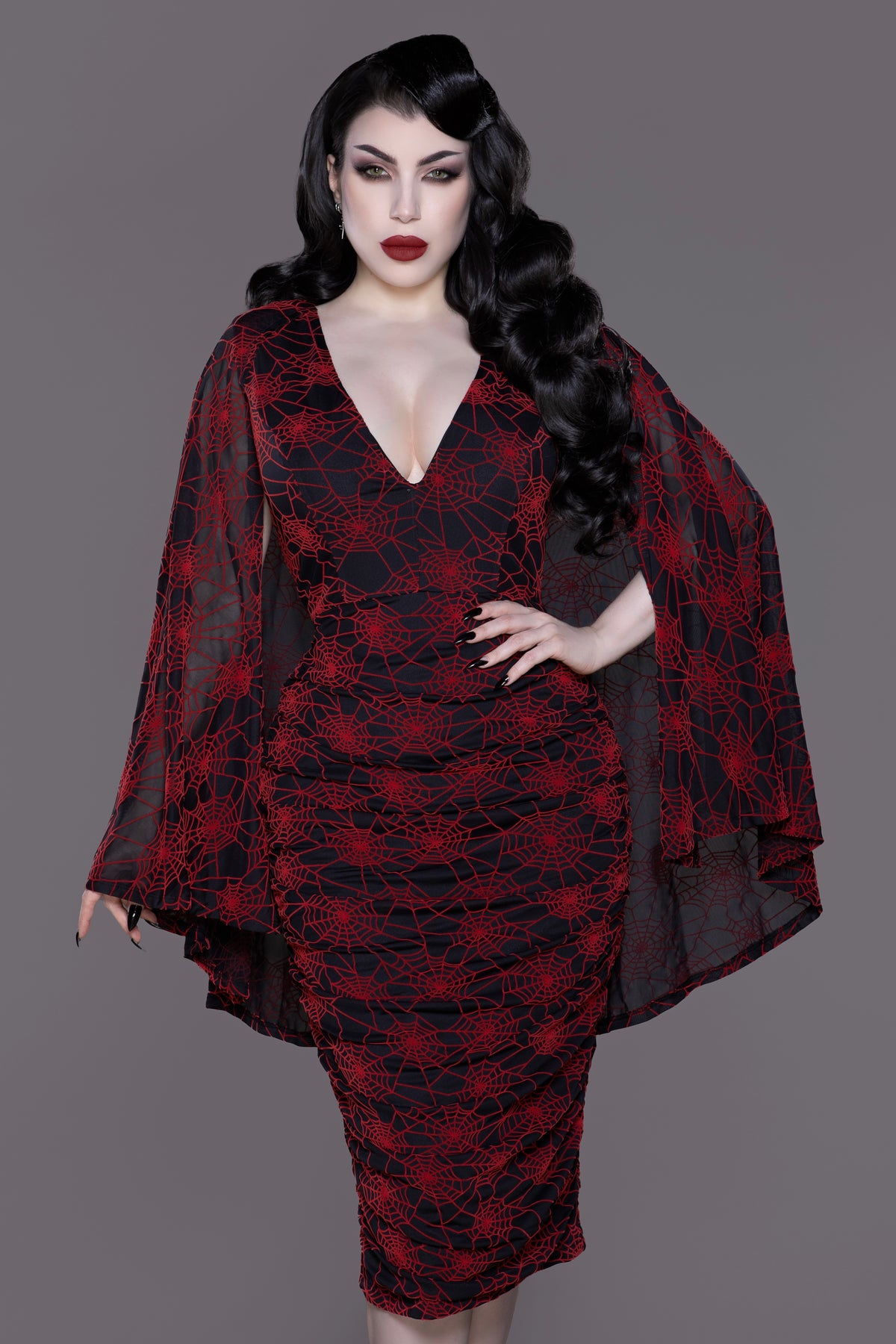 Mothman Caped Wiggle Dress Red Spiderweb Mesh Wiggle Gown with Flowi WEASEL WEAR Mothman Caped Wiggle Dress Red Spiderweb Mesh Wiggle Gown with Flowi WEASEL WEAR