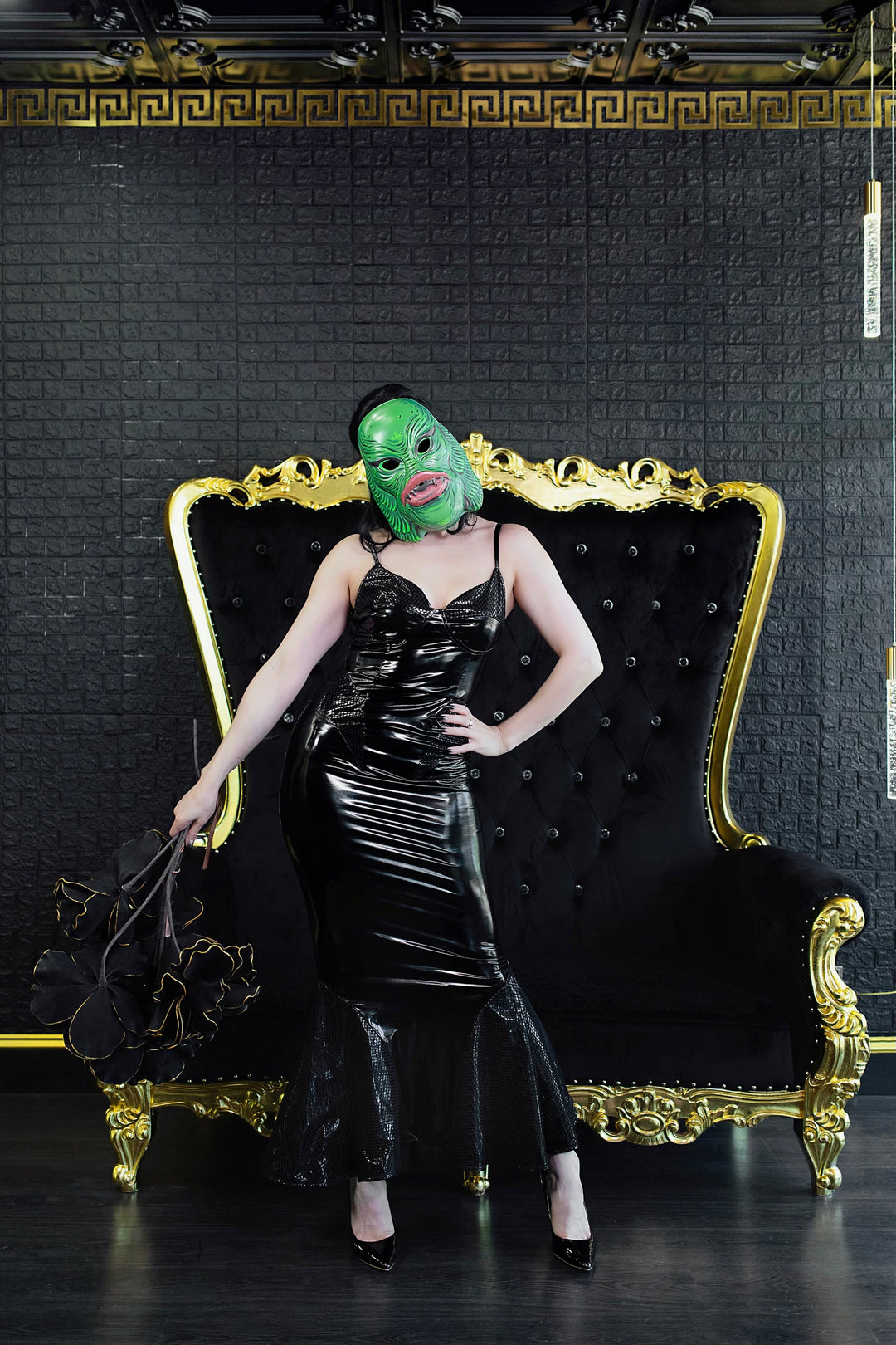 Creature Vinyl Dress in Black - Black Vinyl Mermaid Gown with Fishnet WEASEL WEAR Creature Vinyl Dress in Black - Black Vinyl Mermaid Gown with Fishnet WEASEL WEAR