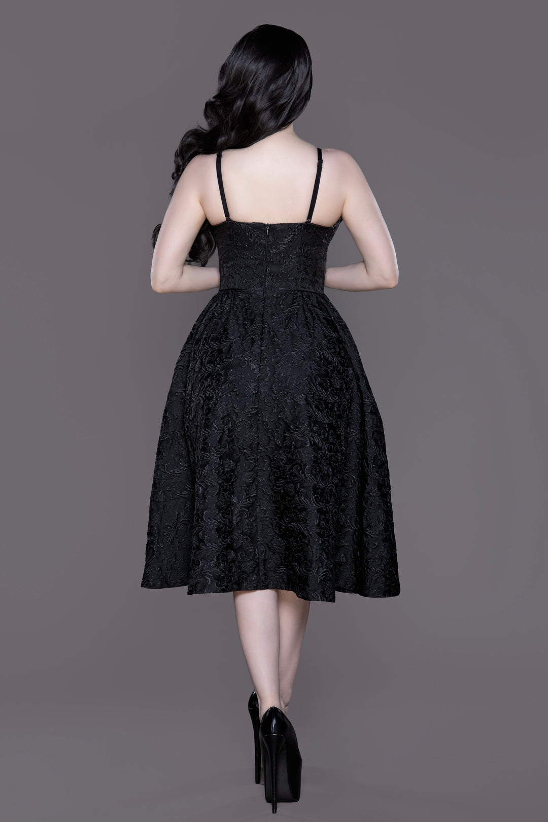 Dragon Damask Swing Dress - Black Brocade Swing Dress with