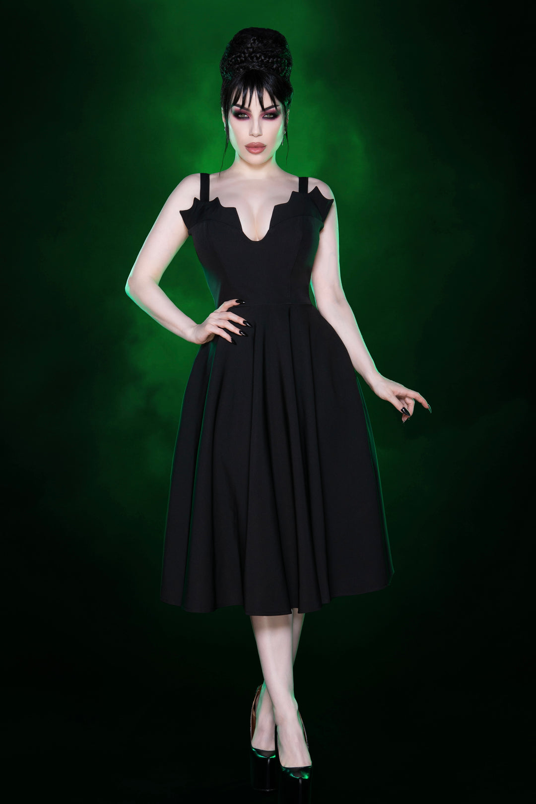 Queen of the Night Swing Dress Black Ponte Swing Dress with Bat-Wing Lapels (Gothabilly Royalty Edition) XXXL Queen of the Night Swing Dress Black Ponte Swing Dress with Bat-Wing Lapels (Gothabilly Royalty Edition) XXXL