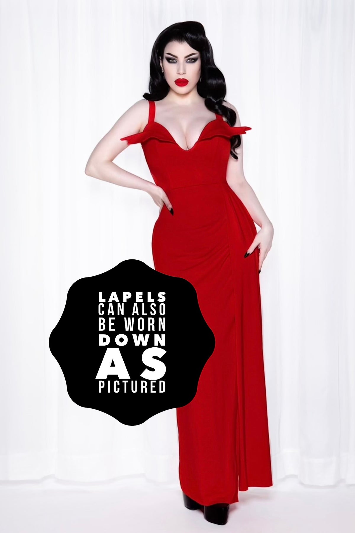 Queen of the Night Swing Dress Black Ponte Swing Dress with Bat-Wing Lapels (Gothabilly Royalty Edition) XXXL Queen of the Night Swing Dress Black Ponte Swing Dress with Bat-Wing Lapels (Gothabilly Royalty Edition) XXXL