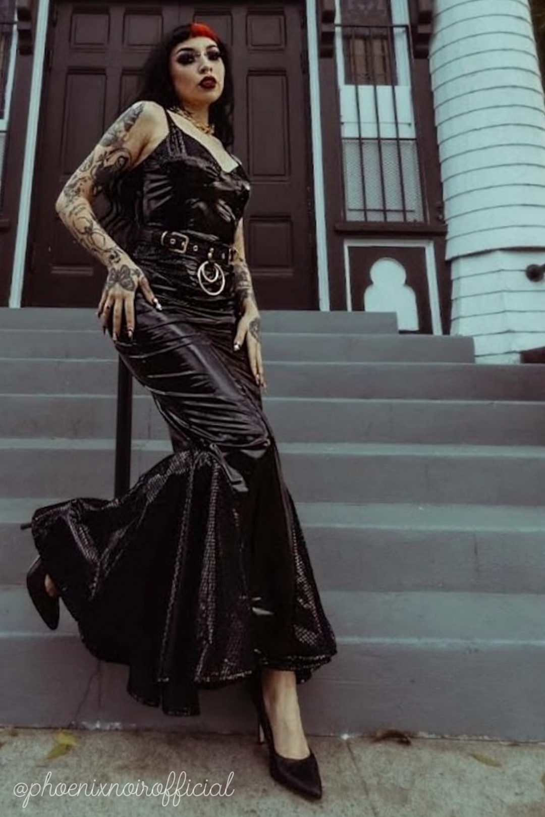 Creature Vinyl Dress in Black - Black Vinyl Mermaid Gown with Fishnet WEASEL WEAR Creature Vinyl Dress in Black - Black Vinyl Mermaid Gown with Fishnet WEASEL WEAR