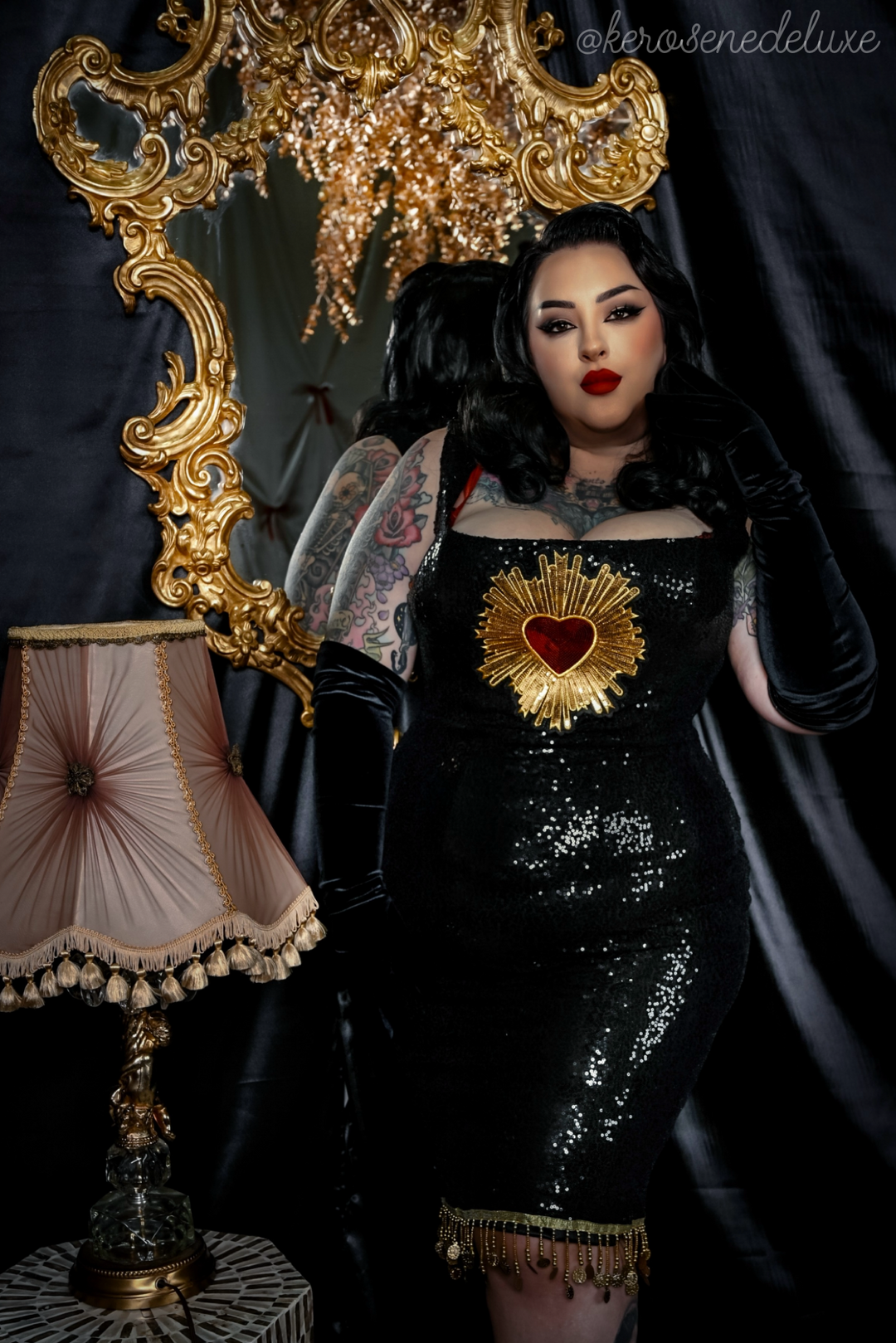 pauline sequin long sleeve dress in black PRE ORDER Pauline Sacred Heart Sequin Wiggle Dress by Weasel Wear