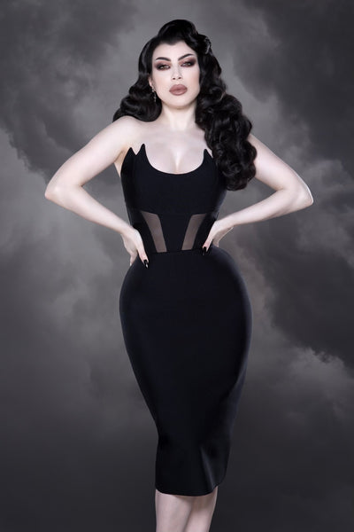 Bat Bandage Dress - Black Bandage Wiggle Dress with Bat Neckline & Mesh Cutouts (Nocturnal Elegance Edition) XXL Bat Bandage Dress - Black Bandage Wiggle Dress with Bat Neckline & Mesh Cutouts (Nocturnal Elegance Edition) XXL