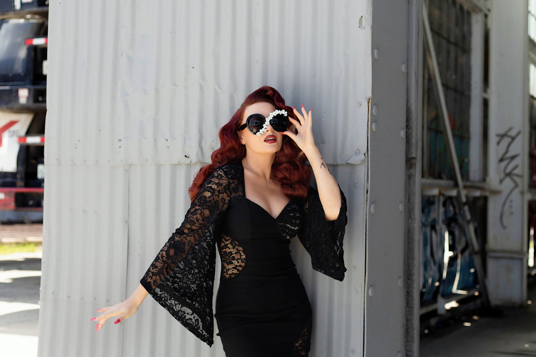 Deborah Asymmetrical Lace Dress - Black Bengaline & Floral Lace Gown w   WEASEL WEAR