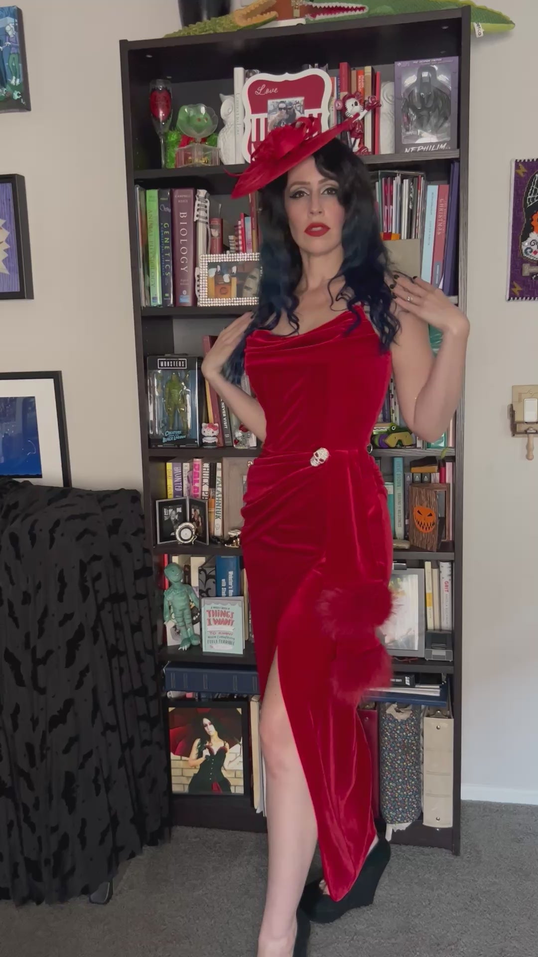 Phantom Red Velvet Swag Gown / Red Stretch Velvet Gown with Draped Nec   WEASEL WEAR