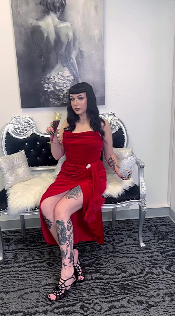 red dress masquerade Phantom Red Velvet Swag Gown / Red Stretch Velvet Gown with Draped Nec –  WEASEL WEAR
