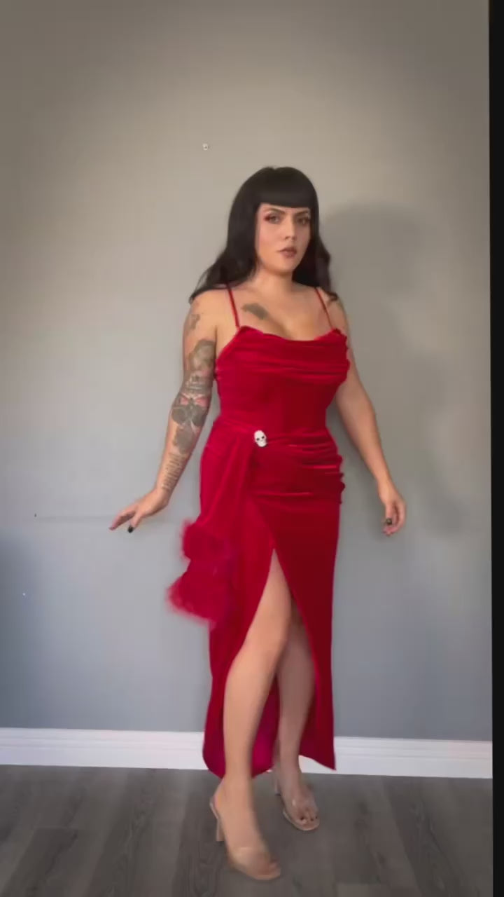 Phantom Red Velvet Swag Gown / Red Stretch Velvet Gown with Draped Nec –  WEASEL WEAR
